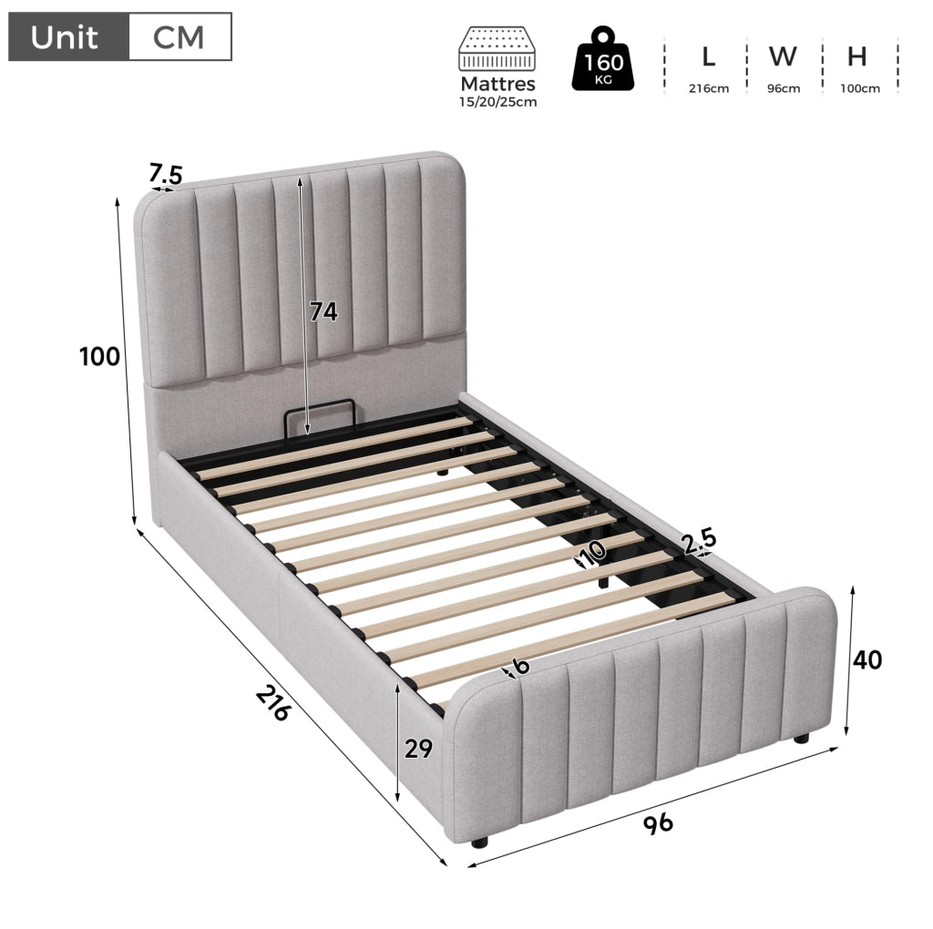 Letto singolo imbottito 90x200 cm con contenitore; rete inclusa; grigio in lino
