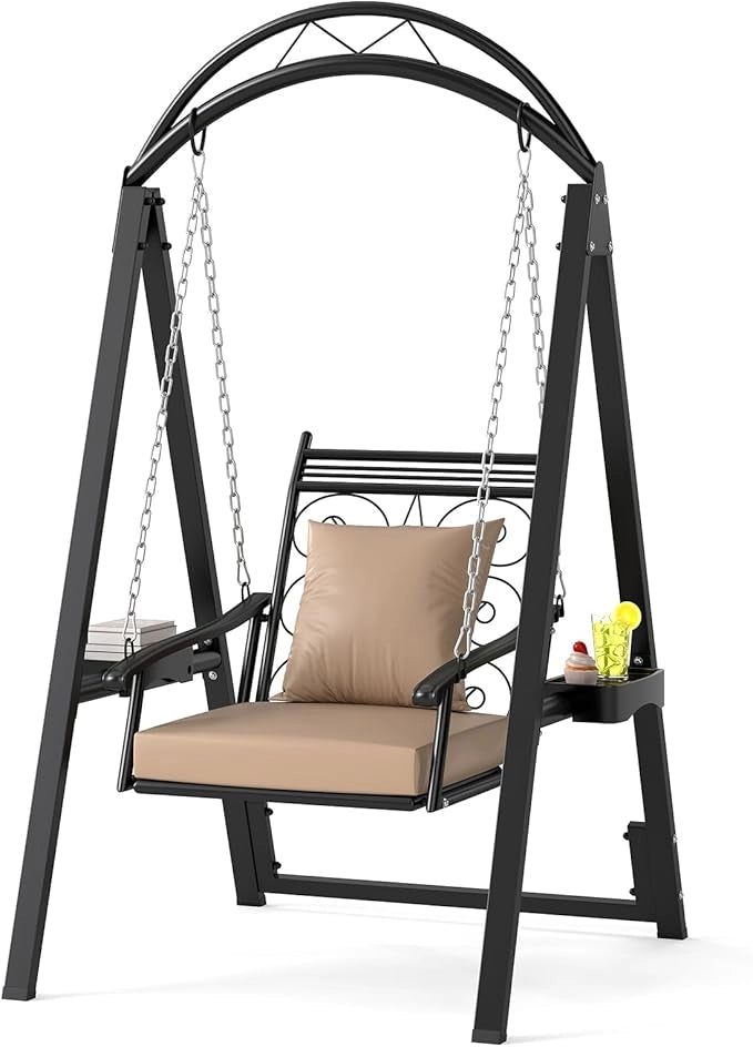 Sedia Sospesa da Esterno, Sedia a Dondolo Singola con Cuscini Removibili e Tavolini Laterali per Giardino, Portata 160 kg, Altalena con Supporto da Esterno ed Interno (Nero)