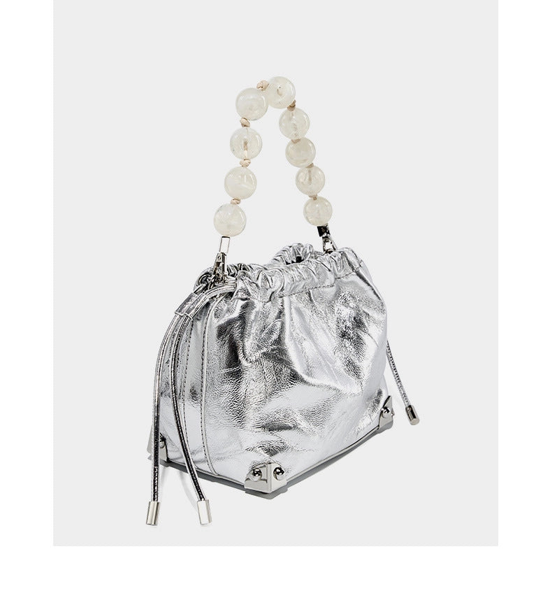 Borsa a mano grande in vera pelle, stile europeo e americano, colore argento.