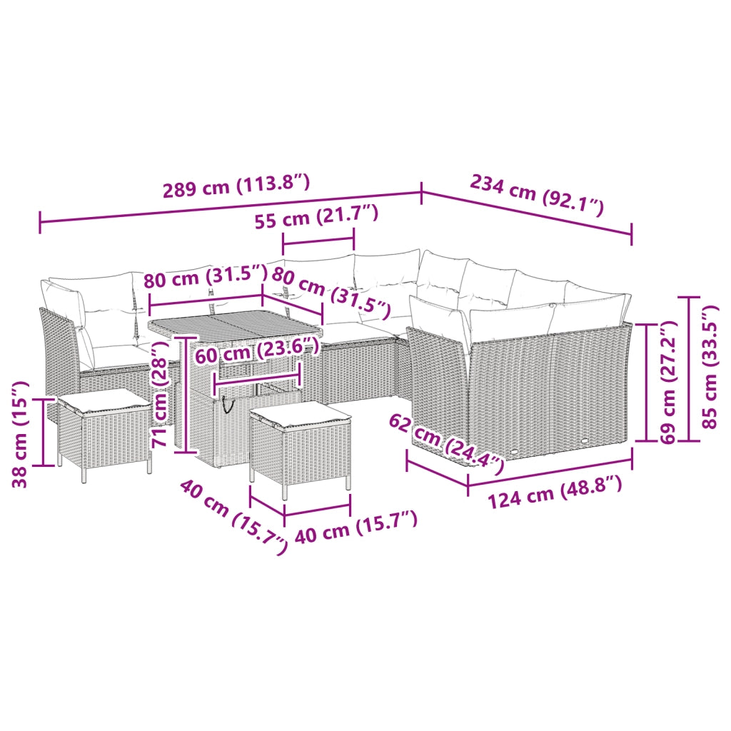 Set Divano da Giardino  da 12 Pezzi con Cuscini Grigio Polyrattan Acacia