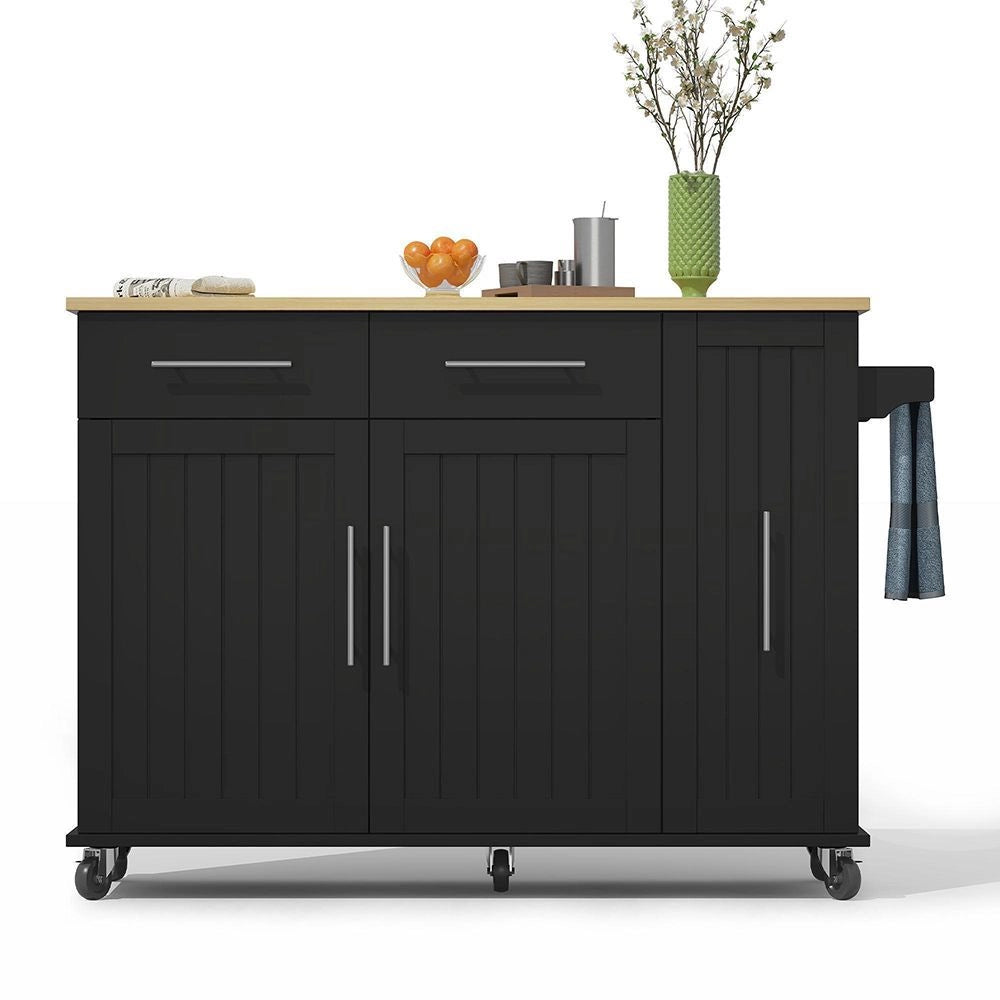 Isola cucina con ribalta - Xylo - Carrello scorrevole 3 livelli, 2 cassetti, porta-asciugamani, nero