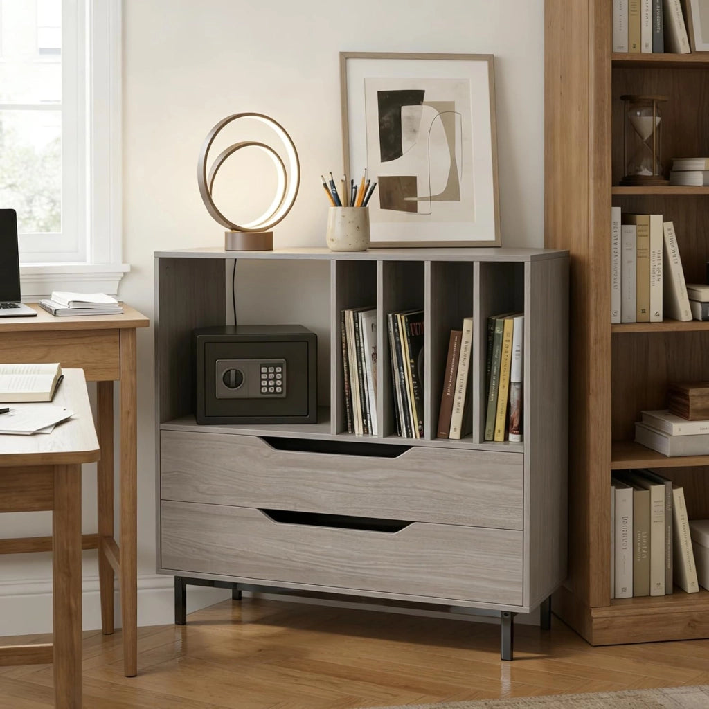 Supporto per Giradischi con Scomparto Aperto e 2 Cassetti, Mobile Vinili con Gambe in Metallo, Espositore per Dischi per Camera da Letto, Soggiorno, Studio (Grigio)