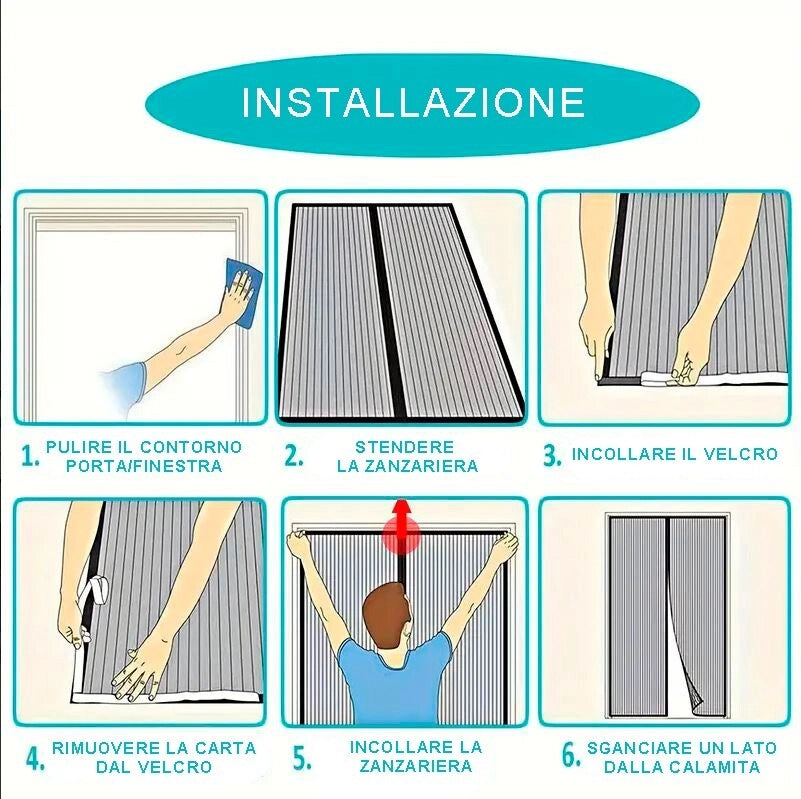 Tenda Zanzariera Magnetica Calamitata 100x160 Cm Nera Universale Porta Finestra Anti Insetti Mosche