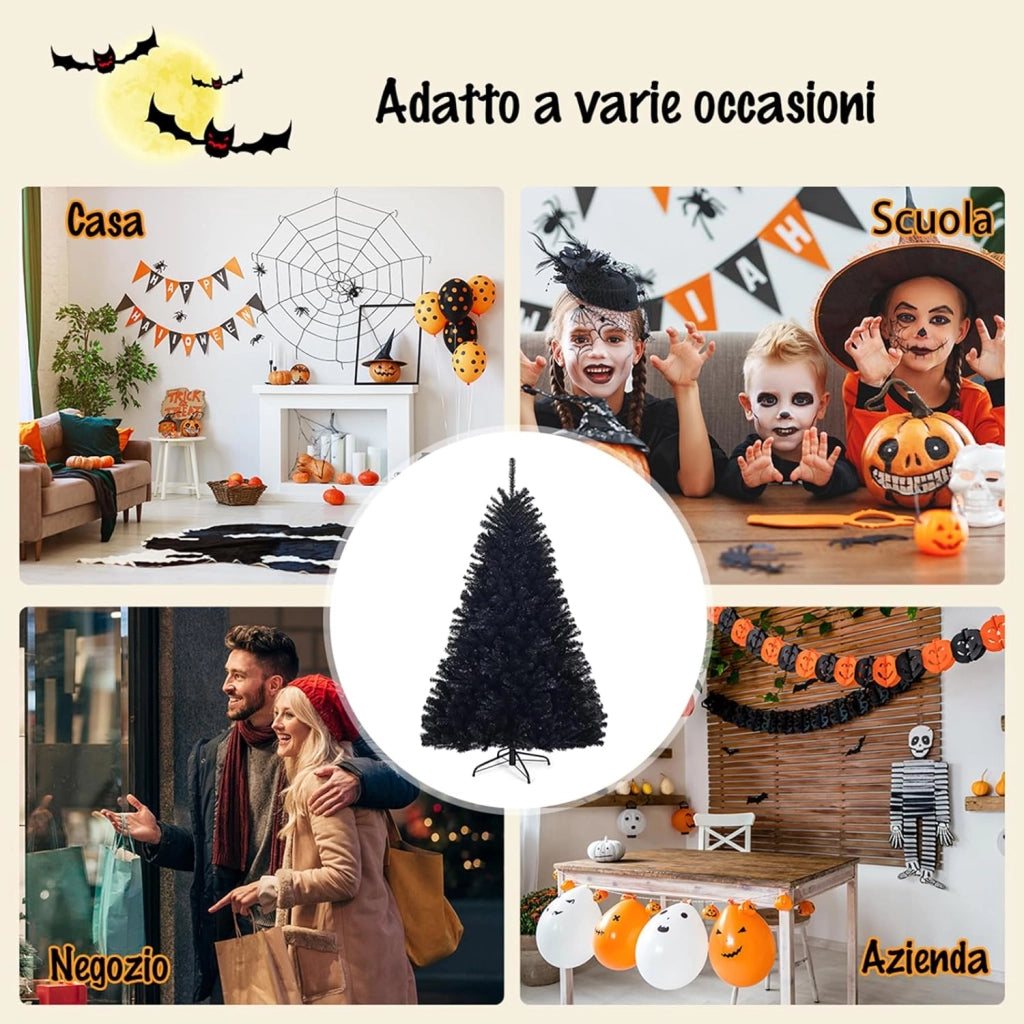 Albero di Natale Nero 180/225 cm, Albero di Natale Artificiale con 1036/1258 Rami Folti e Base di Metallo con Cuscinetti Antiscivolo, Ideale per Halloween e Natale (180x Ø112cm)