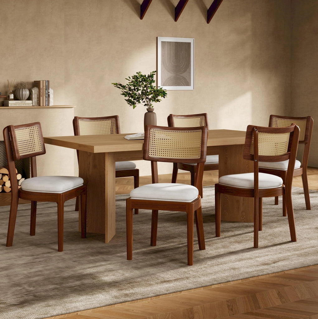 Set di 4 sedie da pranzo con schienale in rattan; cuscino in lino; legno; noce