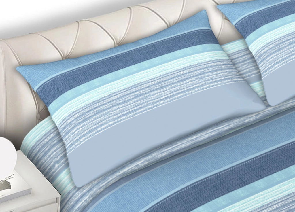 Completo Lenzuola 100% Cotone Made Italy Fantasia Rigata Banded C.N - Matrimoniale - Azzurro