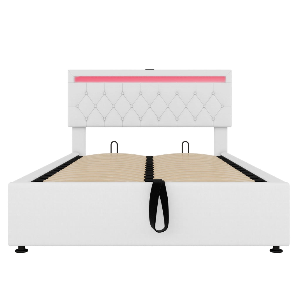 Letto imbottito 140x200 cm; sollevabile con LED e porte USB; in lino e MDF; bianco