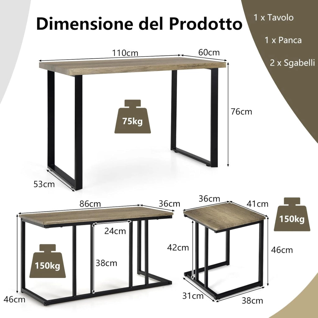 Set di Tavolo da Pranzo da 4 Pezzi, Tavolo da Cucina con Panca e 2 Sgabelli, Set di Mobili Salvaspazio con Struttura in Metallo per Cucina, Sala da Pranzo e Ristorante