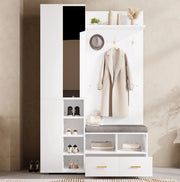 Mobile ingresso con specchio; barra appendiabiti; panca e 2 cassetti; bianco; 120x35x190 cm