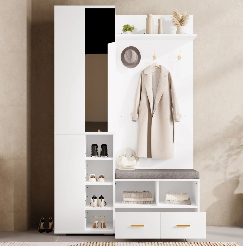 Mobile ingresso con specchio; barra appendiabiti; panca e 2 cassetti; bianco; 120x35x190 cm