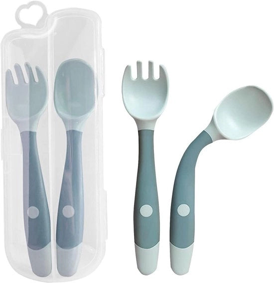 Set di Cucchiaio e Forchetta per Bambini in Alluminio - Facile da Tenere, Resistente al Calore e Flessibile, con Cucchiaio e Forchetta in Plastica (Blu)