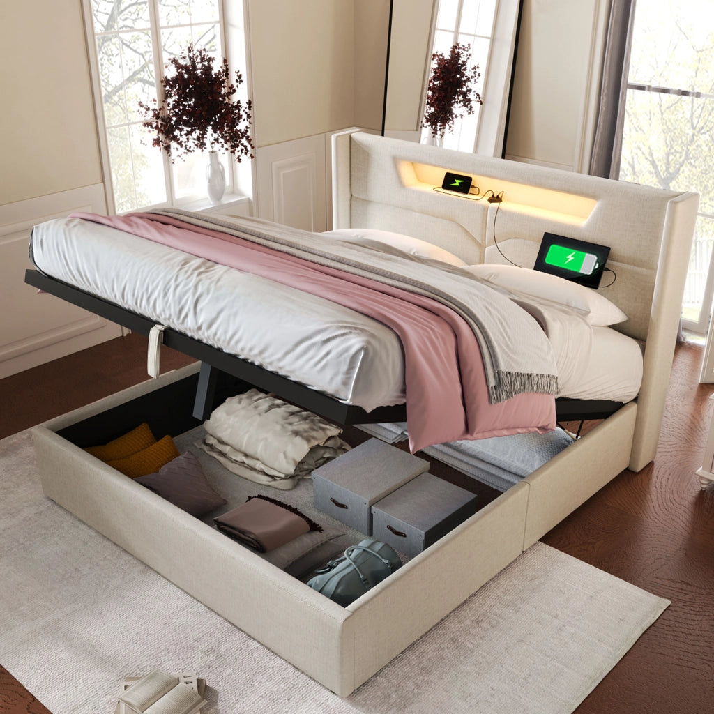 LETTO Matrimoniale 160x200 cm in lino beige con materasso incluso, LED e USB Type C
