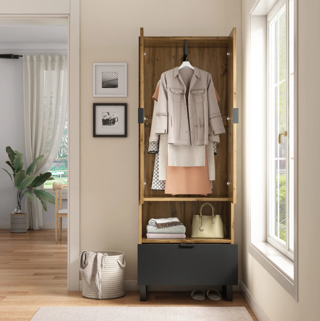Armadio guardaroba 180x65x38 cm con barra appendiabiti; ripiani regolabili e cassetto in truciolare naturale