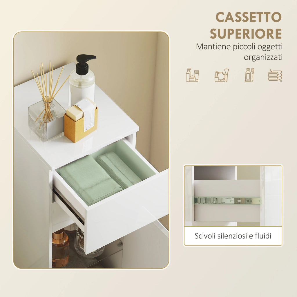 Mobiletto Bagno Sospeso con Cassetto, Anta Lucida e Ripiano in Vetro Regolabile, Bianco