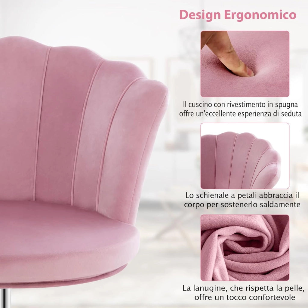 Sedia da Scrivania in Velluto, Poltrona Girevole con Altezza Regolabile, con Schienale a Forma di Petalo e Ruote, per Casa Ufficio, Carico Massimo 150 kg (Rosa)