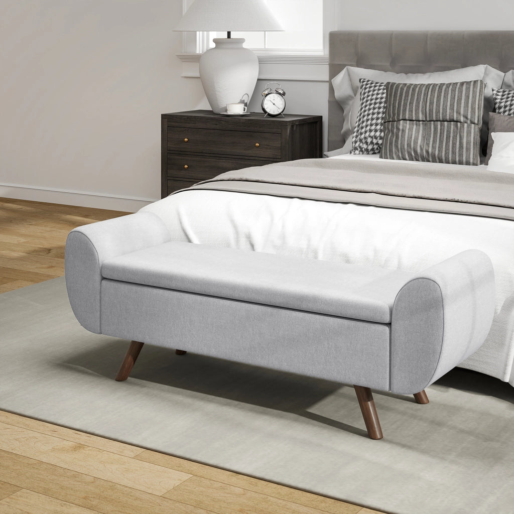 Panca Contenitore Fondo Letto con Braccioli 132x42x50 cm Vano da 53,8L in Tessuto Grigio
