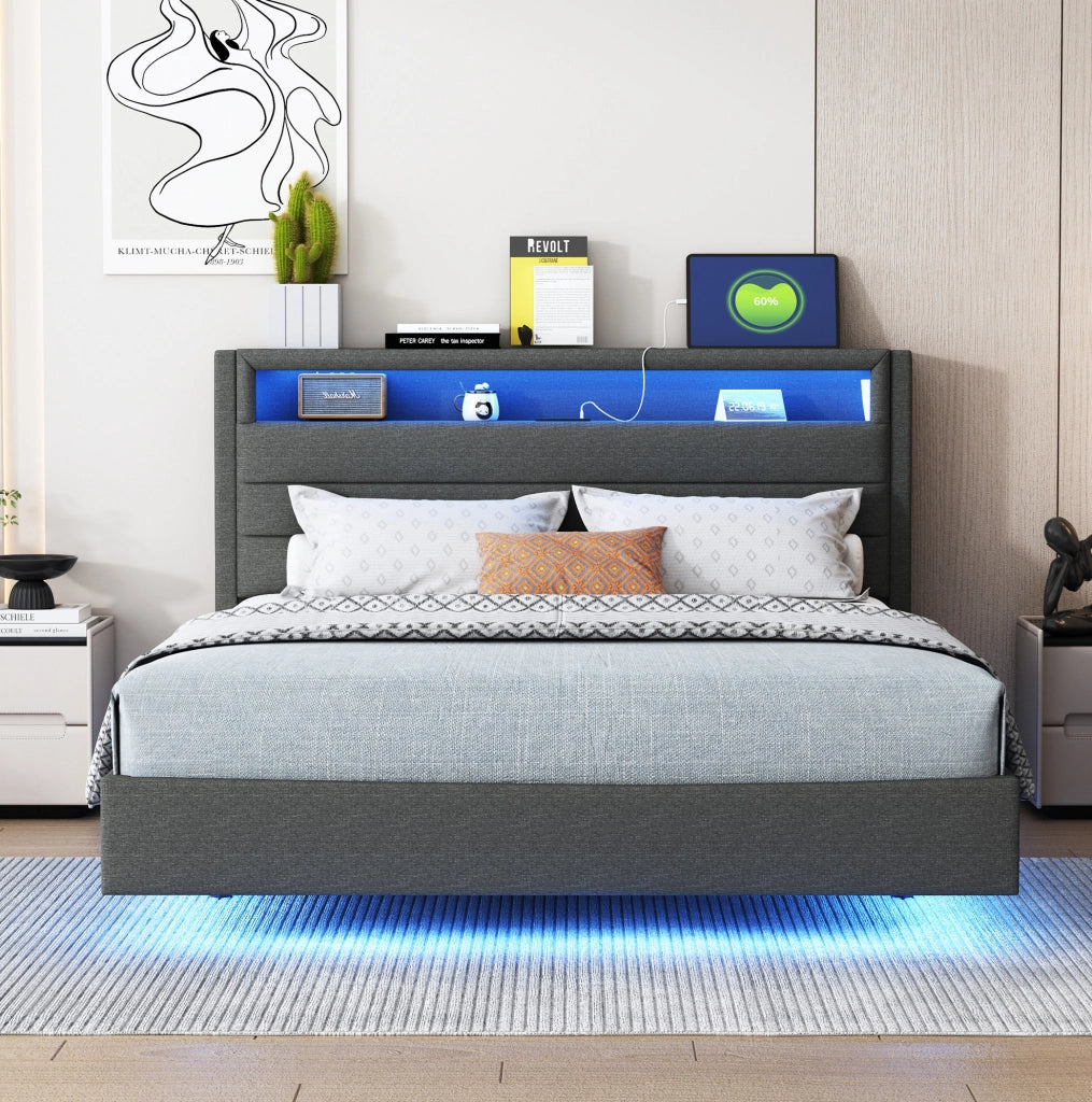 Letto imbottito 140x200 cm grigio con USB e LED