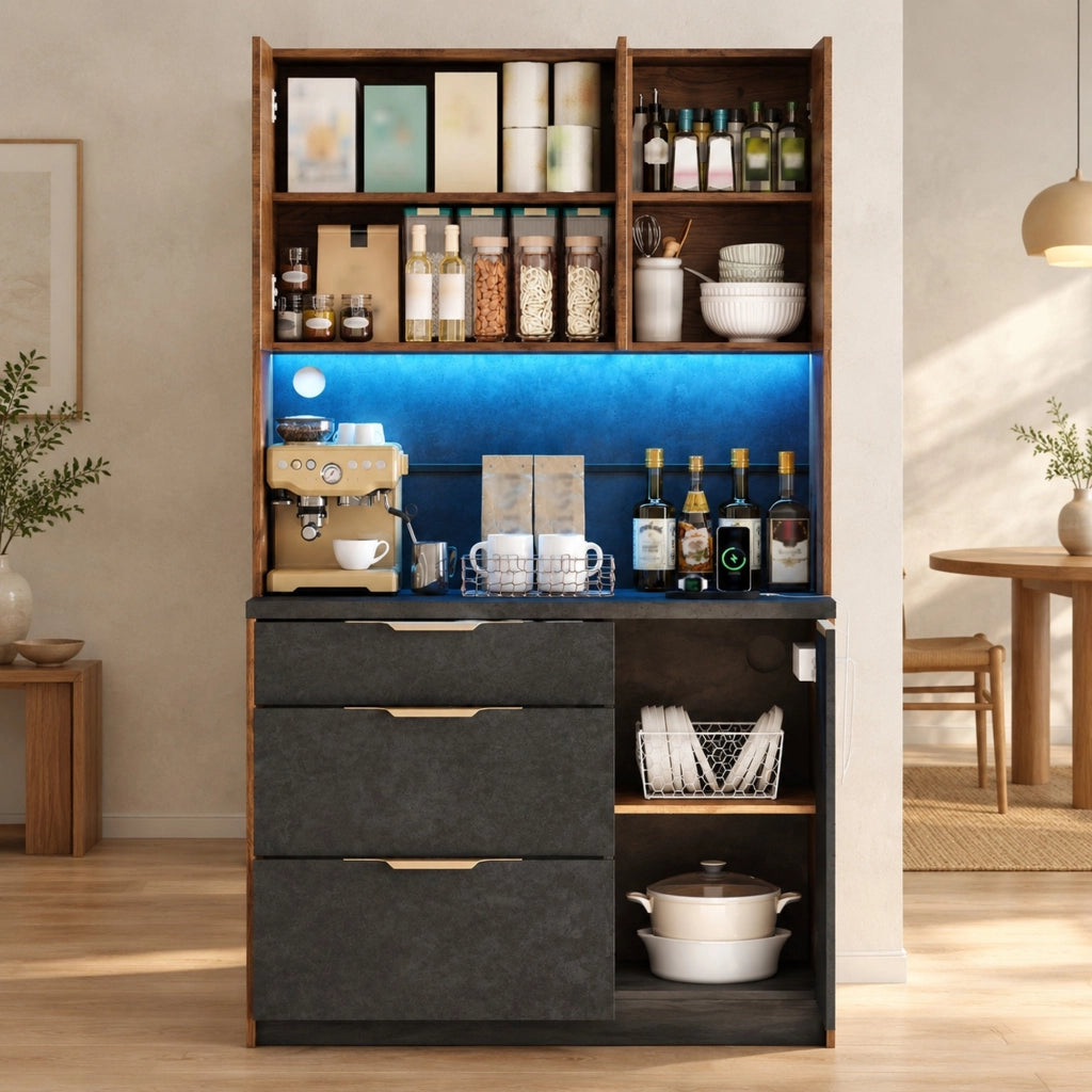 Credenza alta 100x40x180 cm con LED RGB, prese e USB in MDF naturale