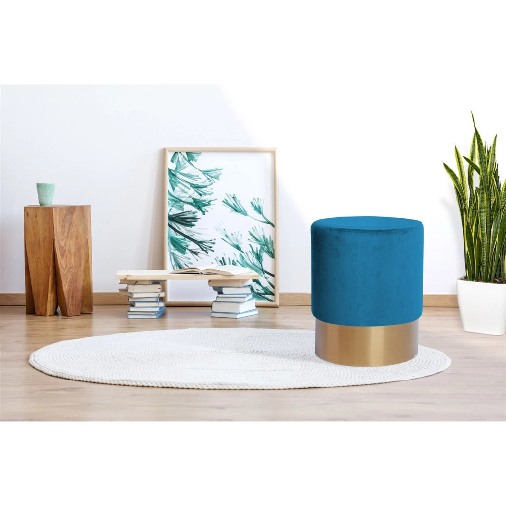 Pouf contenitore Nano in velluto blu e base oro