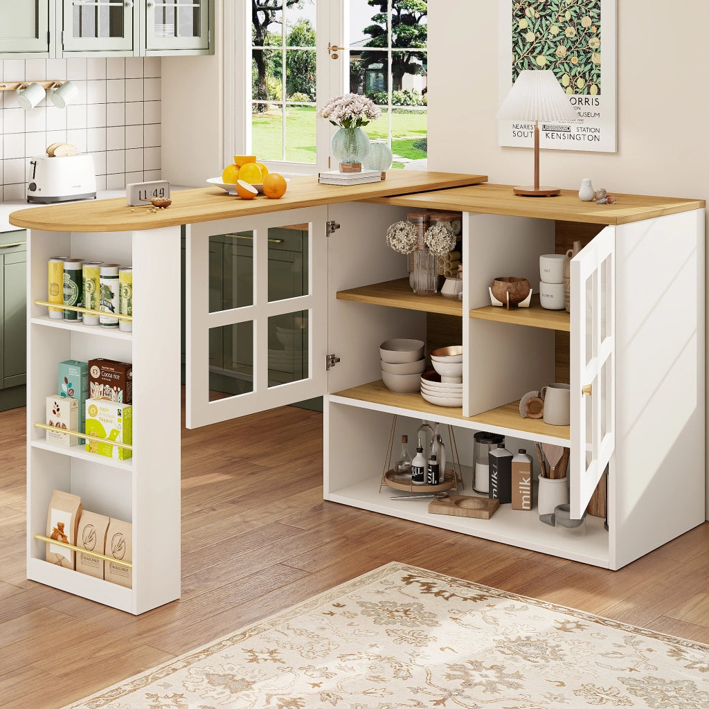 Mobile Bar con 2 Ante in Vetro; 5 Ripiani; Estensibile e Girevole a 360°; per Cucina Soggiorno; MDF; 138-204 x 39 x 102;5 cm; Bianco