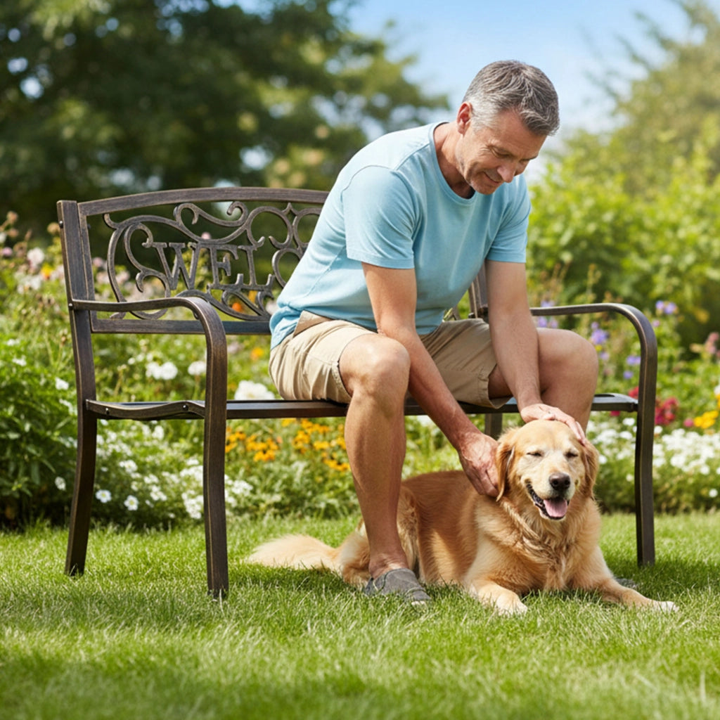 Panchina da giardino bruna IRYS con gambe in acciaio e schienale in ghisa larghezza 127 cm
