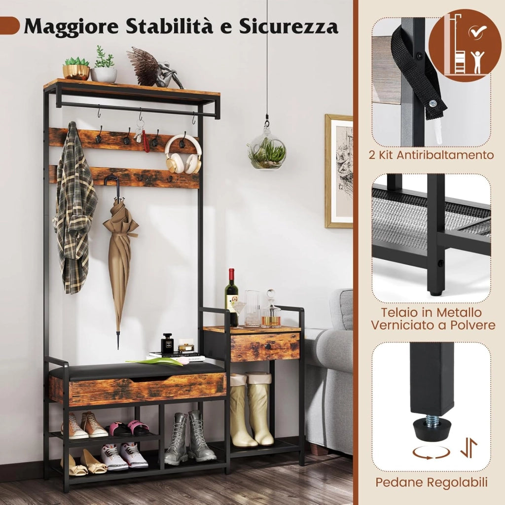 Appendiabiti da Terra 178 cm, Stand Appendiabiti da Ingresso con Scaffale per Scarpe 12 Ganci Cassetti e Panchina, Stendibiancheria per Ingresso Soggiorno Camera da Letto