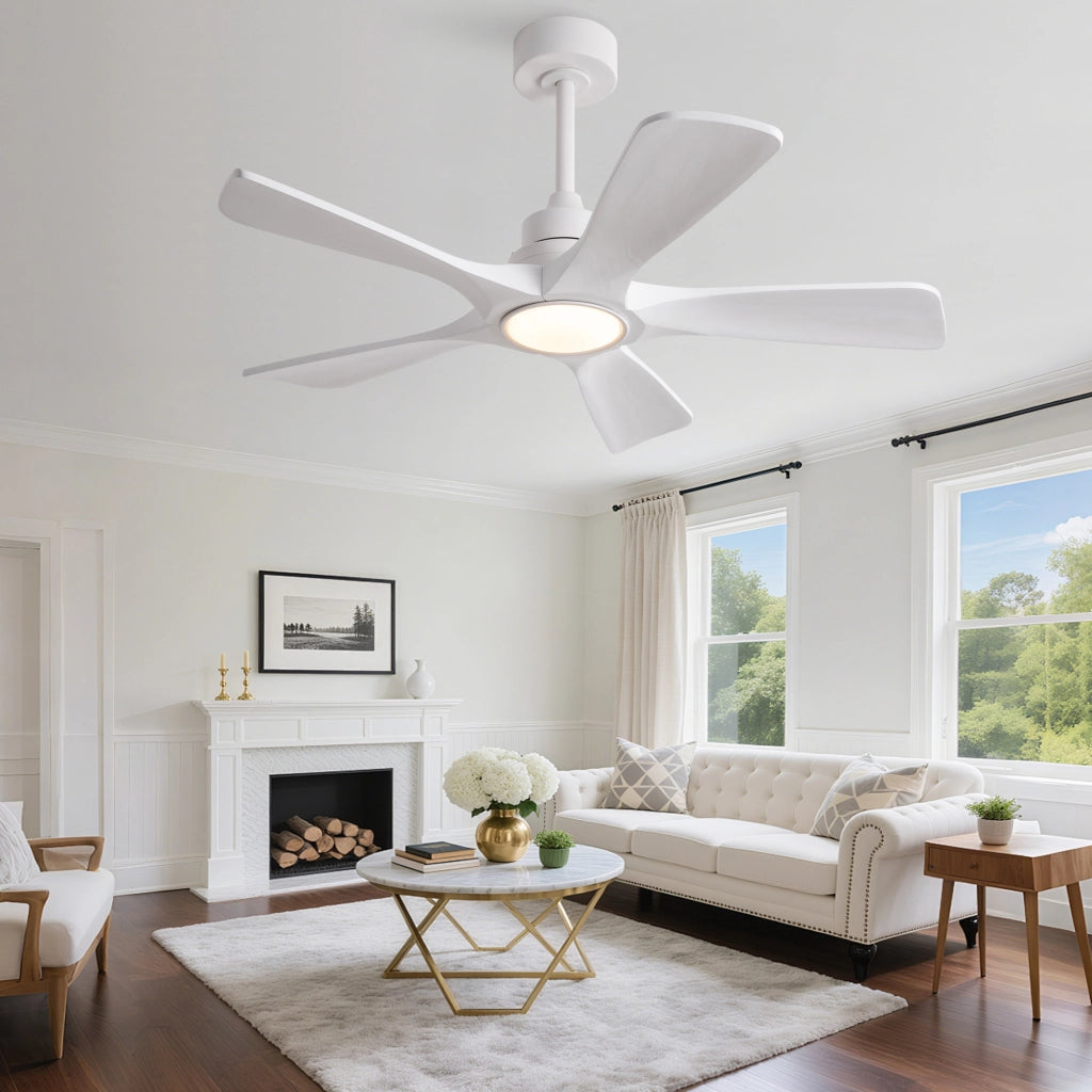 Ventilatore da soffitto bianco puro 42 pollici, 5 pale legno massello rinforzate, motore DC reversibile silenzioso, design moderno classico