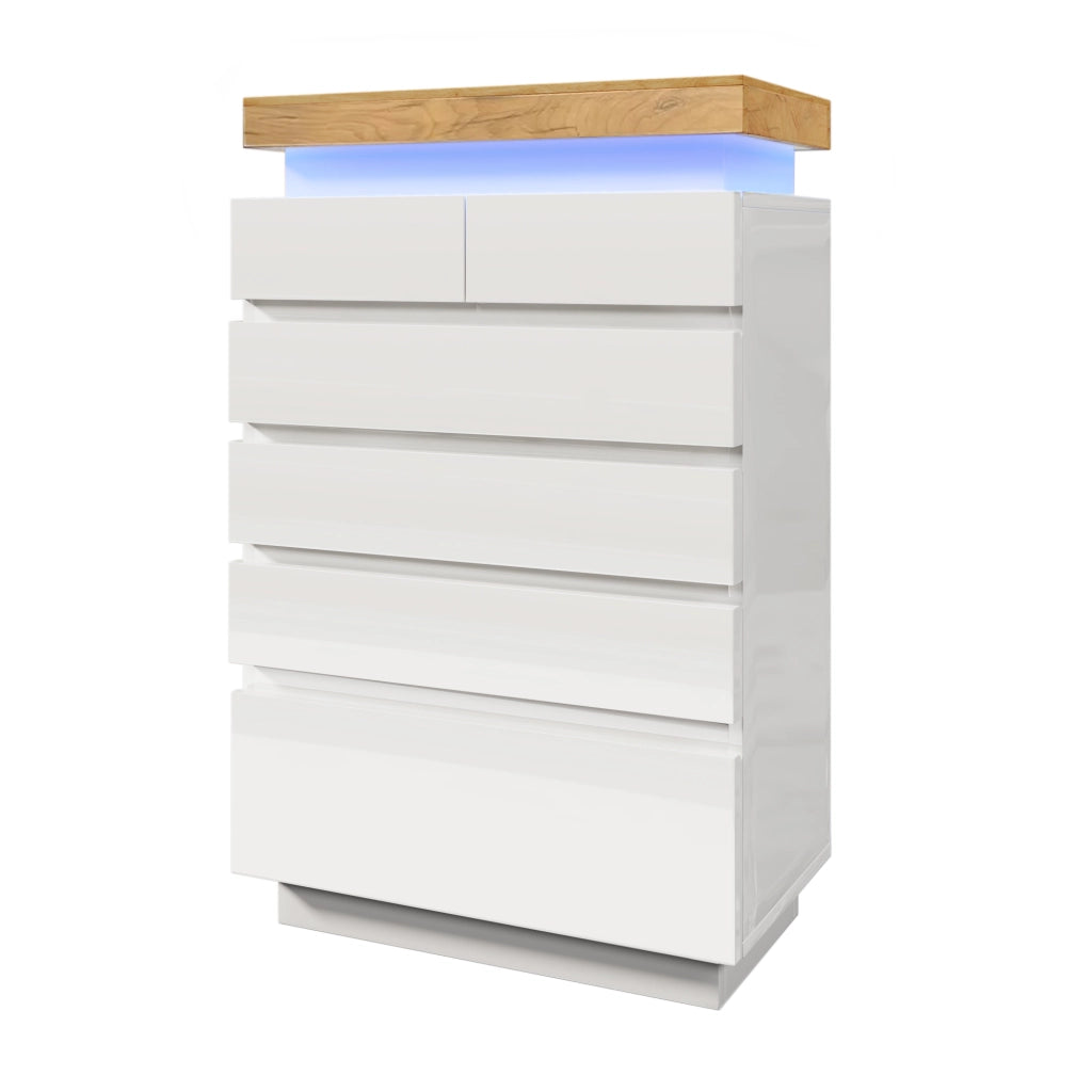 Comodino alto lucido con 6 cassetti e LED, credenza multiuso in bianco 115 x 73 x 39 cm