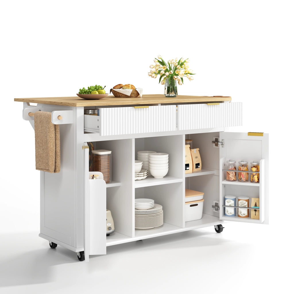 Isola da cucina su ruote 143 x 45 (69) cm con piano ribaltabile, 2 cassetti, 2 ante e vano porta spezie