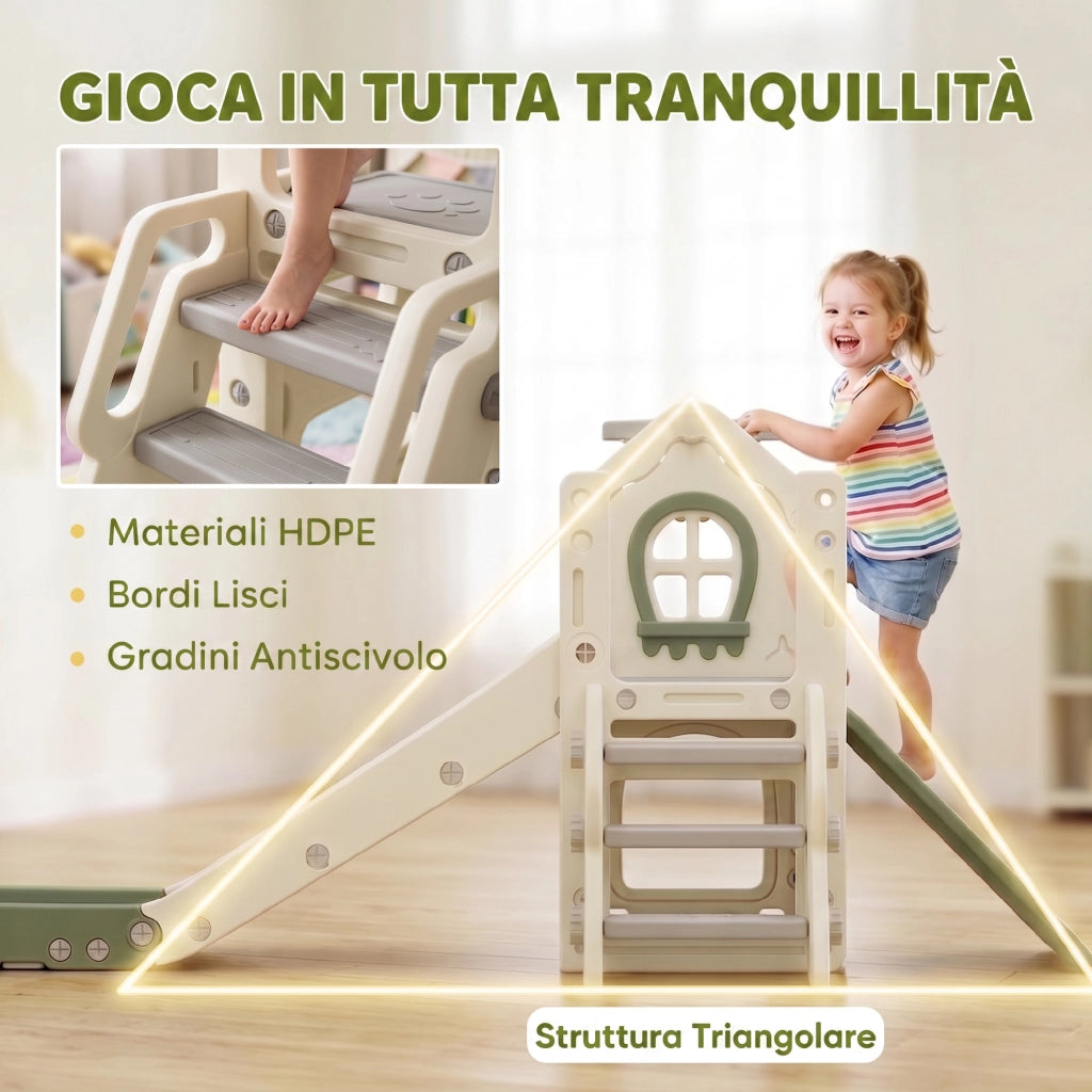 Scivolo per Bambini 1-3 Anni 191x100x84 cm con Arrampicata e Canestro in HDPE Crema