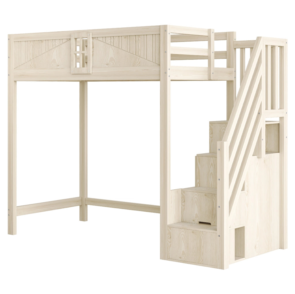 Letto a soppalco 90x200 cm in legno naturale con scala reversibile e vani contenitore