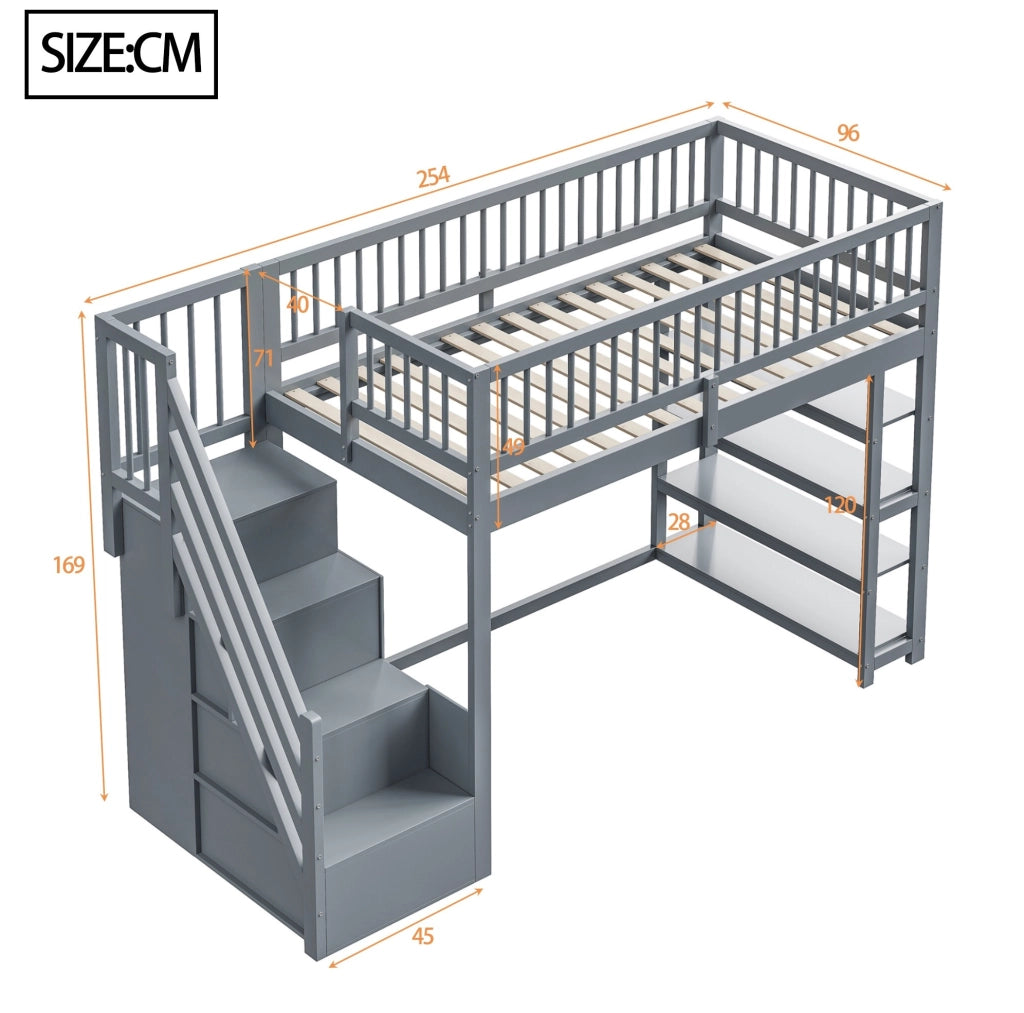 Letto a soppalco ULEVR 90x200 cm con armadio, ripiani, scala di sicurezza e sponde alte, grigio