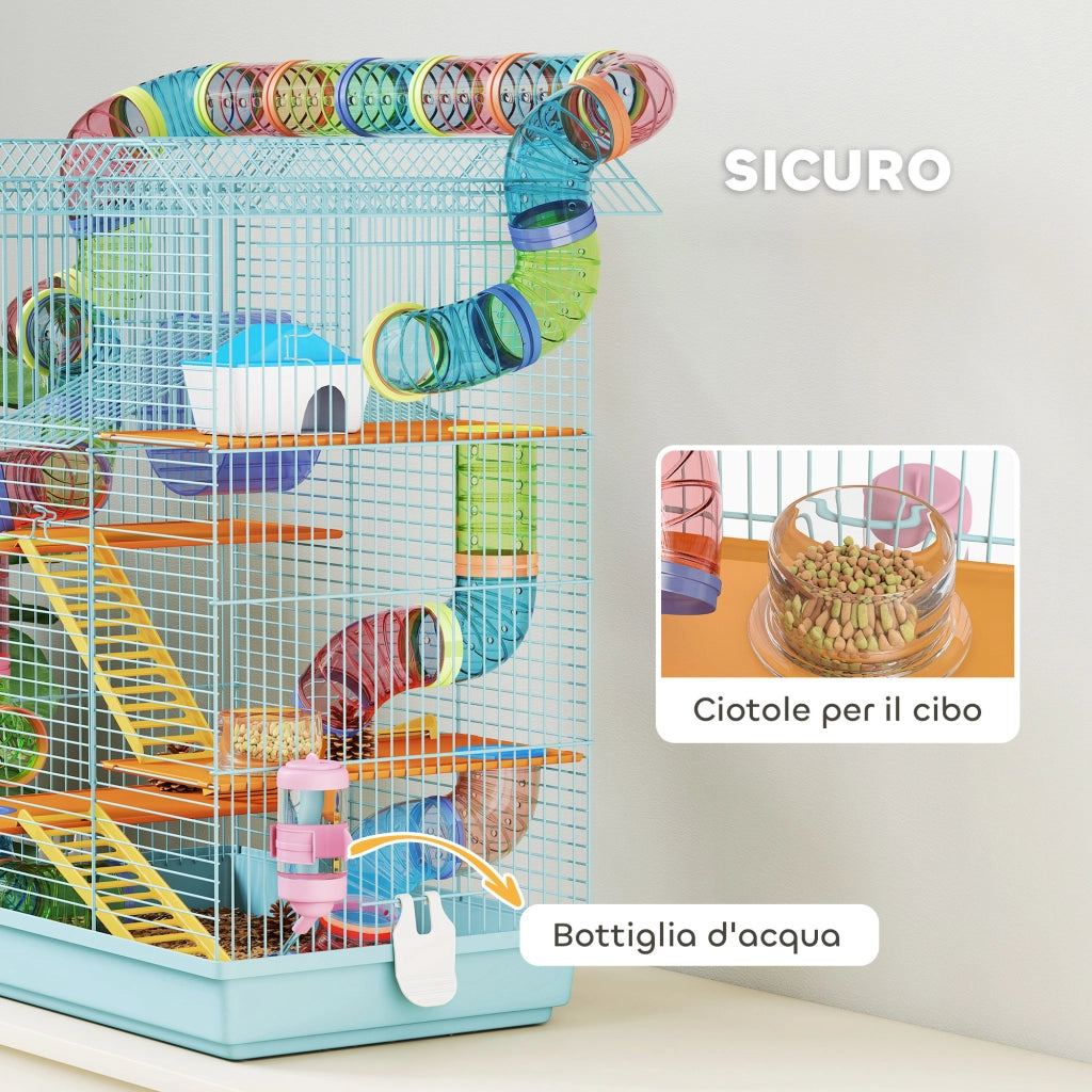 Gabbia per Criceti a 5 Piani con Tubi Colorati, Ruota, Casetta e Accessori, 47x30x59 cm, Azzurro