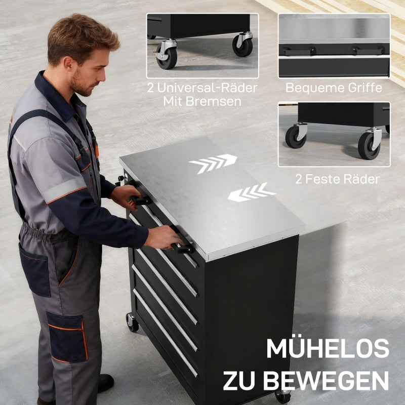 Mobile contenitore con 5 cassetti e piano in acciaio inox rinforzato con serratura centralizzata su ruote per officina e garage nero