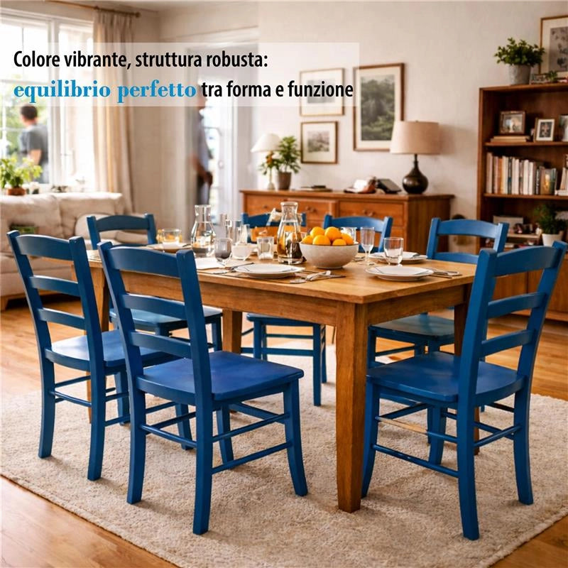 SET 4 SEDIE PAESANA IN LEGNO CON SEDUTA COMPATTA E SCHIENALE ALTO H 87 X L 45 X P 40 CM COLORE AZZURRO