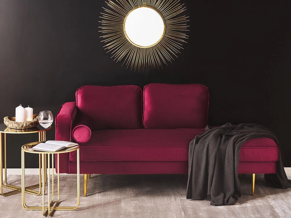 Chaise longue Velluto Rosso Scuro Imbottito Orientamento versione sinistra Gambe In Metallo Cuscino  Design Moderno