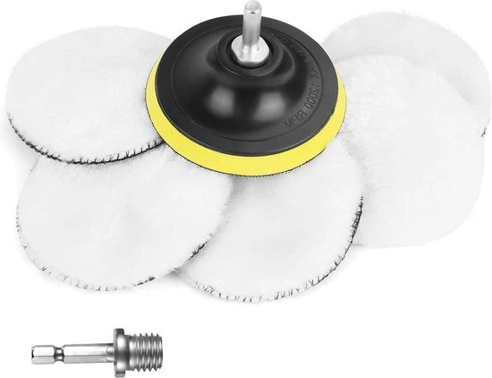 Set di 5 pad di pulitura a pelo di lana - Disco di pulitura 100mm con connettori a vite - Set di attacchi di pulitura - Adattatore di trapano per M10 - Macchina di pulitura auto