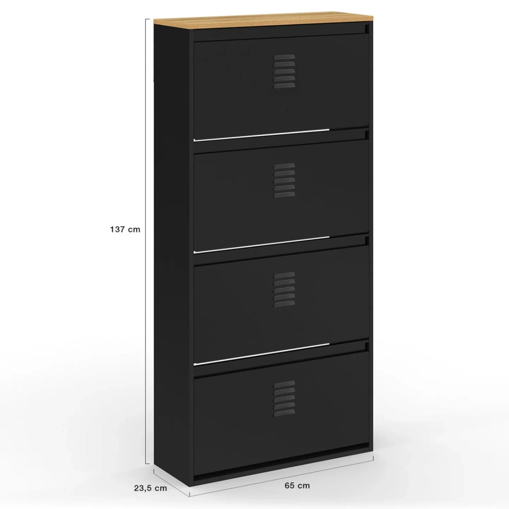 IDMarket - Scarpiera ESTER, capacità massima 24 paia, 4 ante in metallo nero e piano in legno dal design industriale