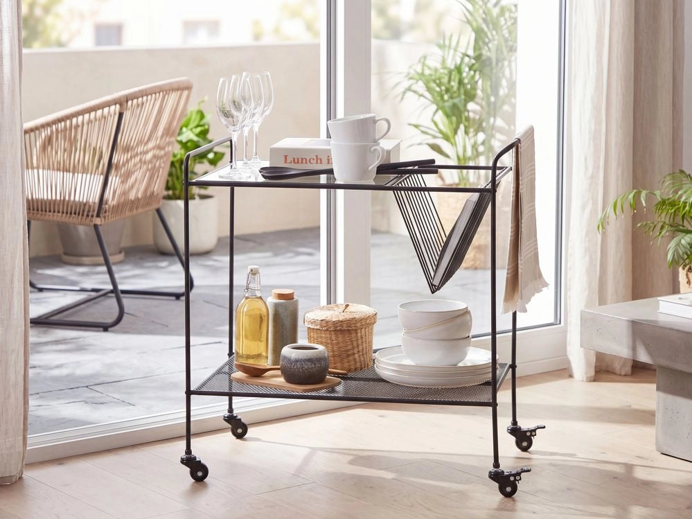 Carrello da Cucina in Metallo Nero 70 cm Piano in Vetro Temperato con Ripiano e Ruote Industrial Modern