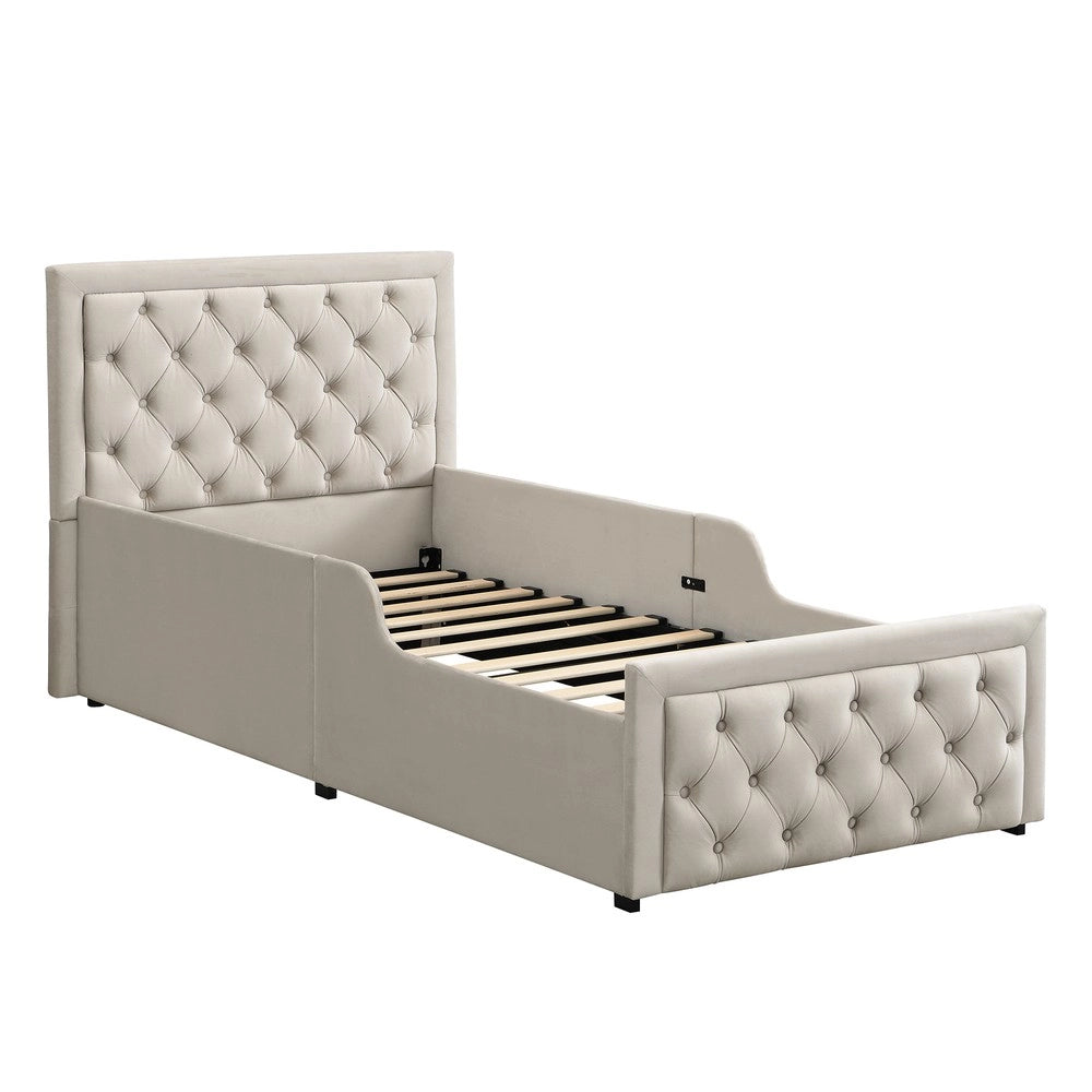 Letto Singolo Imbottito Contenitore ¨C Xylo ¨C Velluto Beige 90x200 con Rete a Doghe