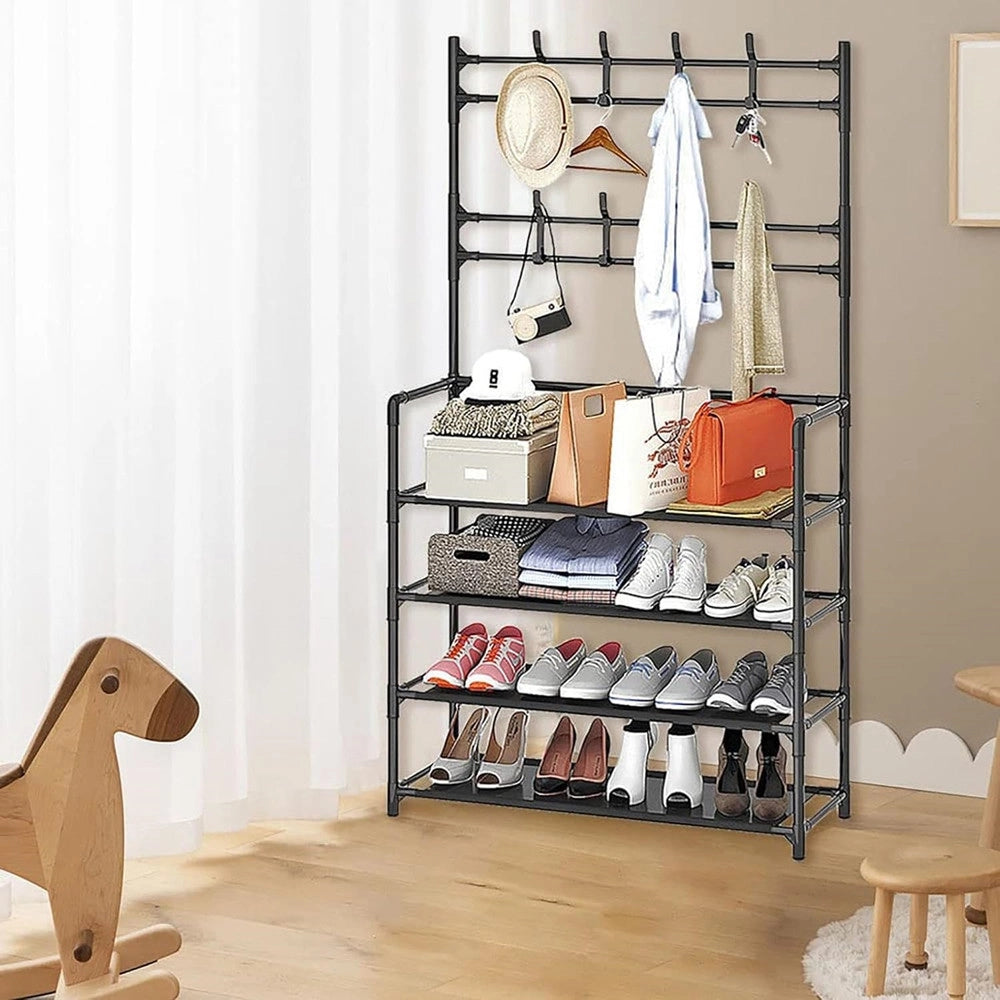 Trade Shop - Scarpiera Cappelliera Da Terra Casa Appendiabiti 3 In 1 Panca Scarpe Con 8 Ganci - Nero