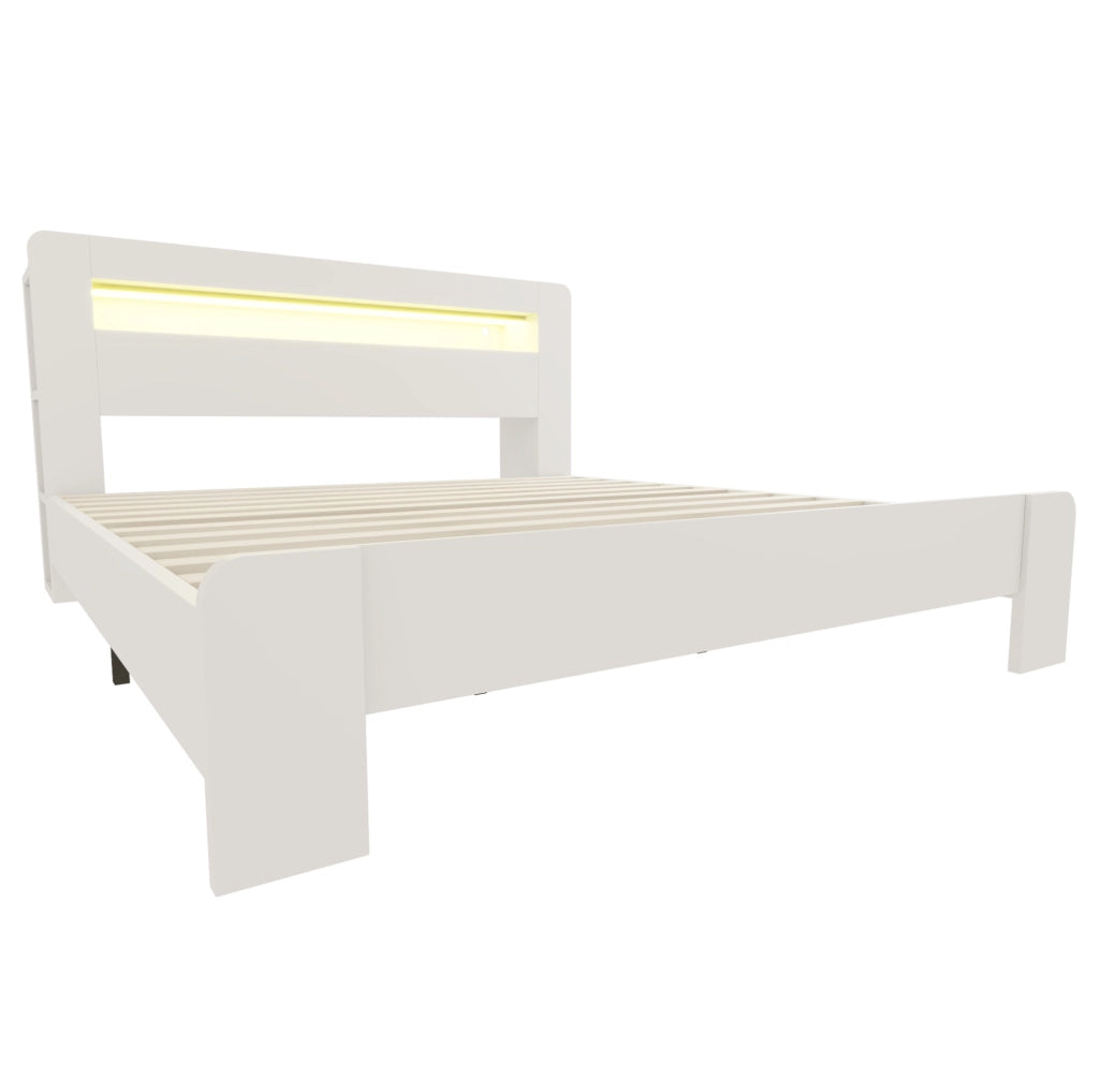 Letto matrimoniale ULEVR 180x200 cm con testiera contenitore, LED e prese integrate, bianco