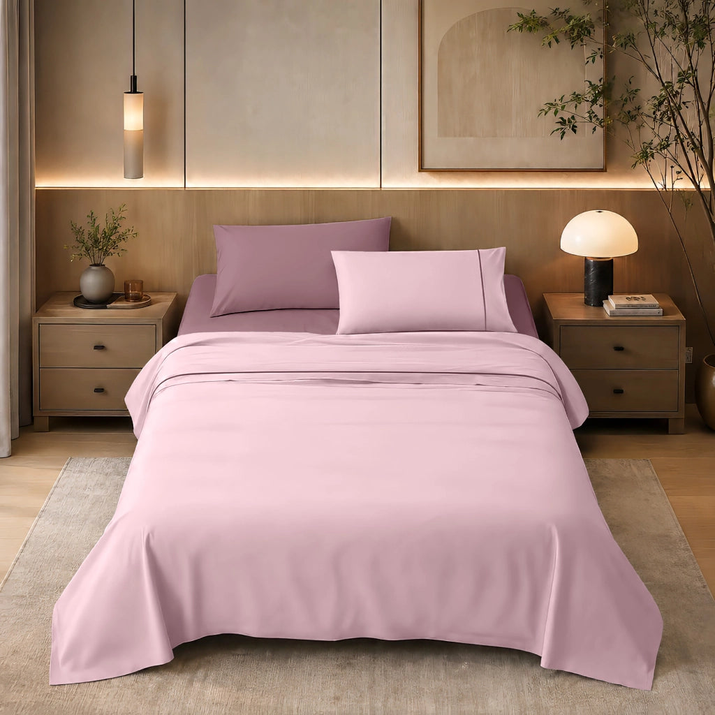 Completo Lenzuola Matrimoniale Bicolore in Tinta Unita, Cotone Certificato OEKO-TEX, Set 4 Pezzi con Lenzuolo Sopra, Sotto con Angoli e 2 Federe  Zephir-Orchidea