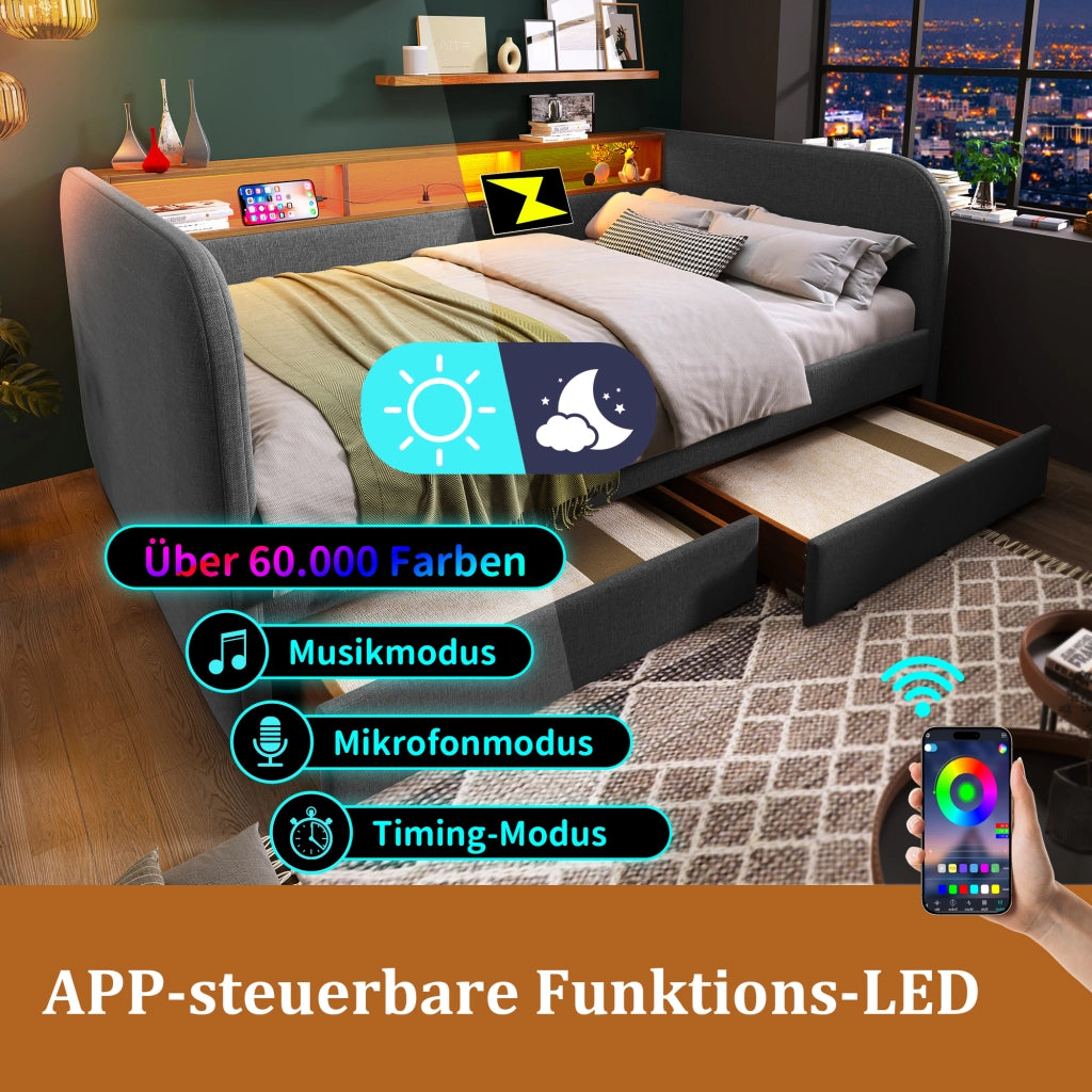 Letto divano 140 × 190 cm con LED, USB e Type-C, 2 cassetti, senza materasso, in lino, grigio