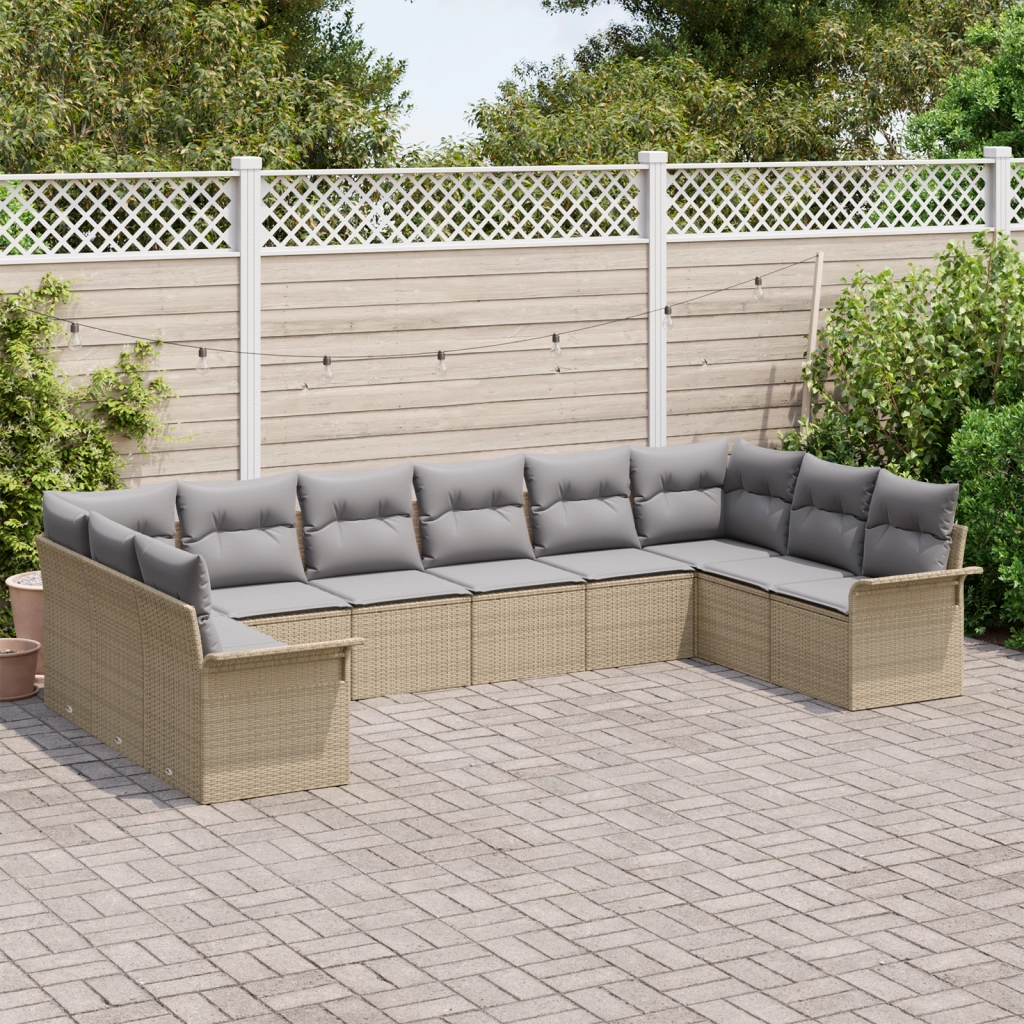 Set Divano da Giardino  10 Pezzi con Cuscini Beige Polirattan