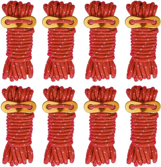 Set di 8 cordicelle leggere, molto resistenti, in acciaio di 5 mm con chiavi di tensione in alluminio regolabili, adatte per tende, imballaggio vele, campeggio e attrezzatura outdoor (rosso, 4 m).
