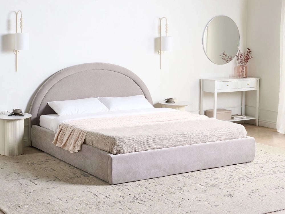 Letto imbottito in tessuto di ciniglia di ciniglia tortora 180 x 200 cm contenitore rialzabile con testiera e rete a doghe