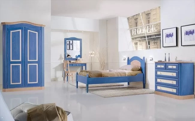 Letto singolo arte povera blu e miele legno 103x210x106 (2231) - Mobili 2G