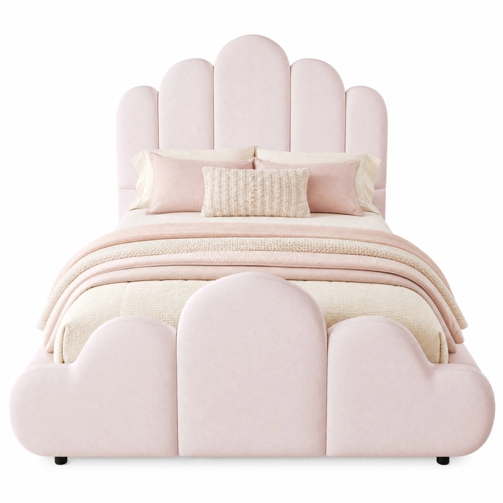 Letto singolo imbottito 90x200 cm in velluto rosa con testiera arrotondata e rete inclusa