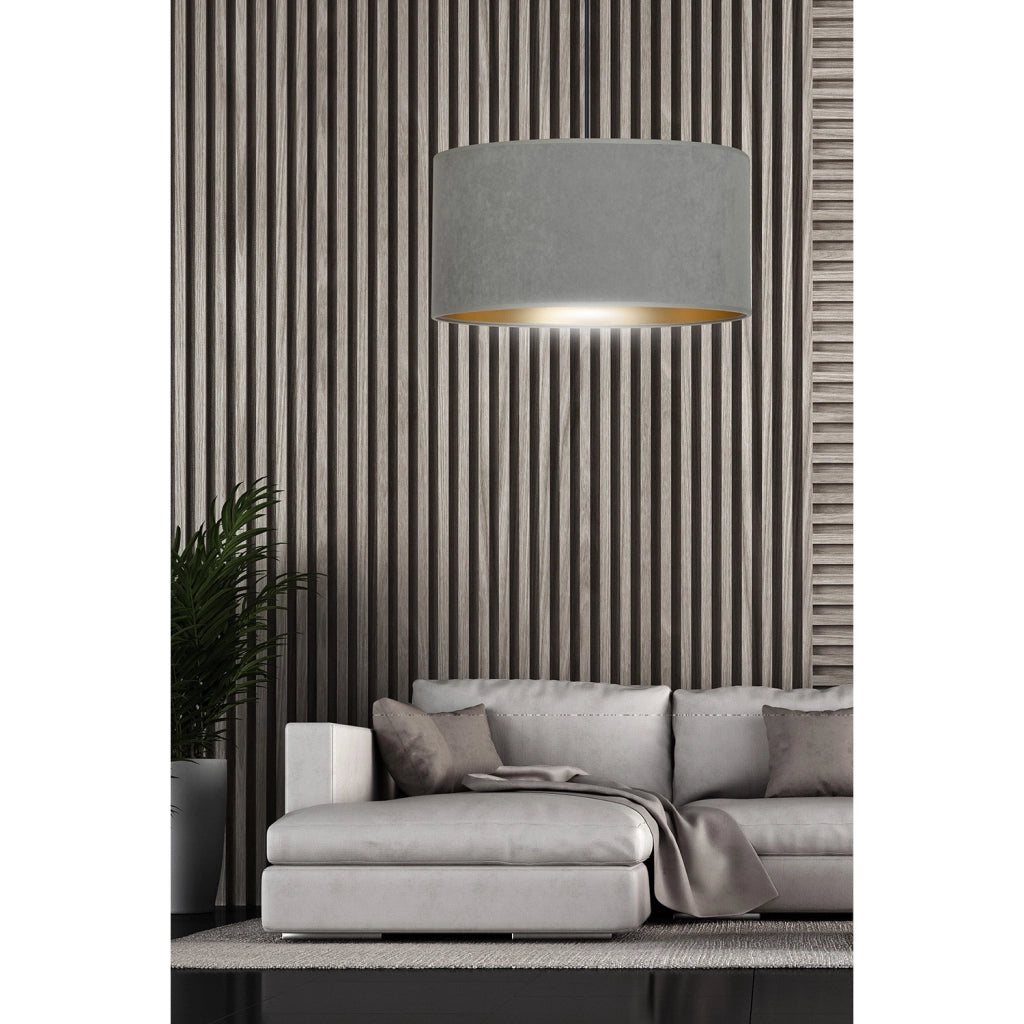 Sospensione 1 Luce Ganesha In Acciaio Nero E Paralume In Tessuto Grigio